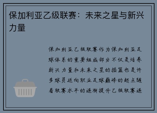 保加利亚乙级联赛：未来之星与新兴力量