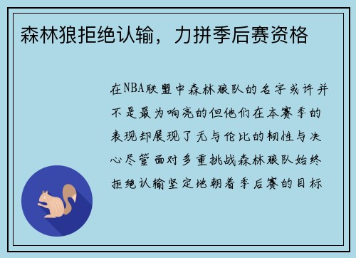 森林狼拒绝认输，力拼季后赛资格