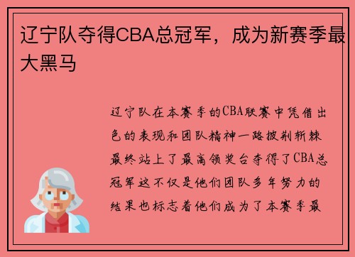 辽宁队夺得CBA总冠军，成为新赛季最大黑马